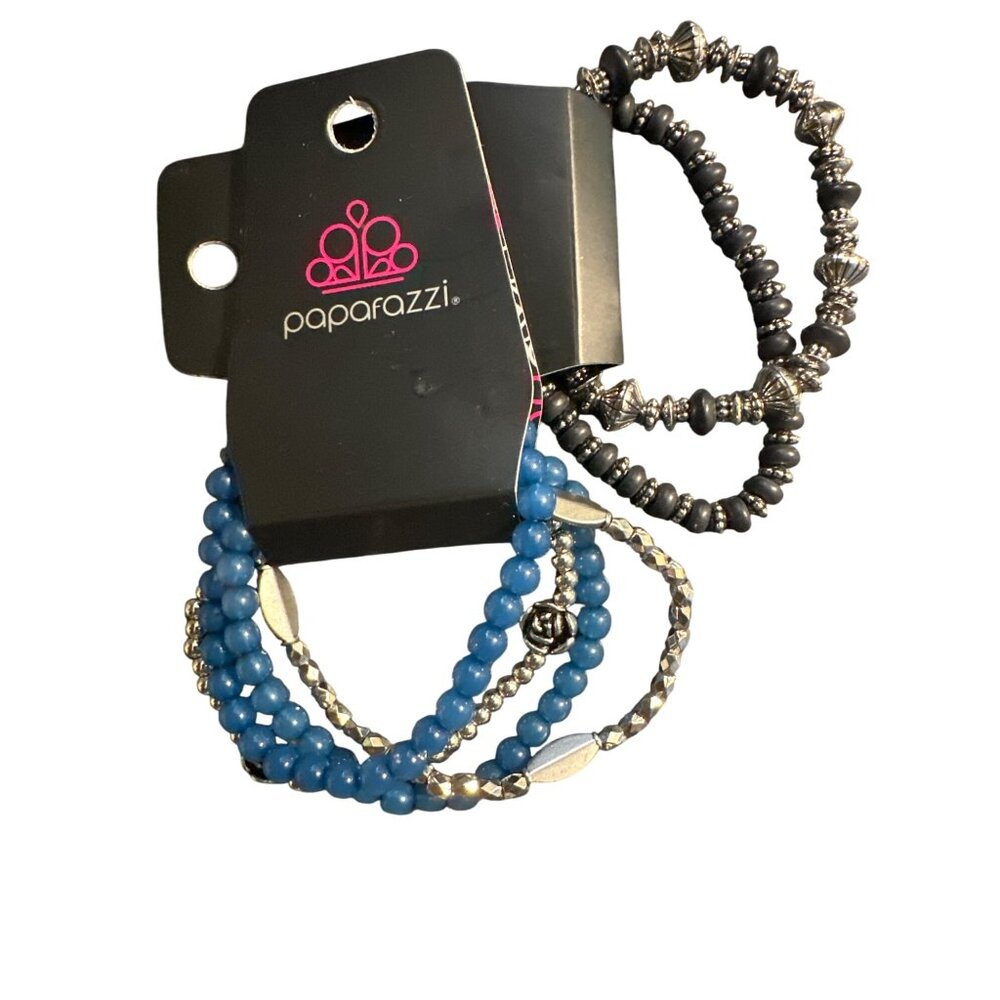 💖Paparazzi Bracelet Set With Blue/Silver Beads And Black & Silver Beads Stretch